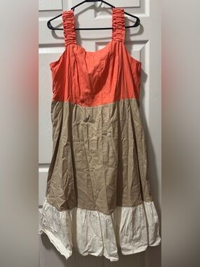 Coral, Tan & White Tiered Strapless Dress